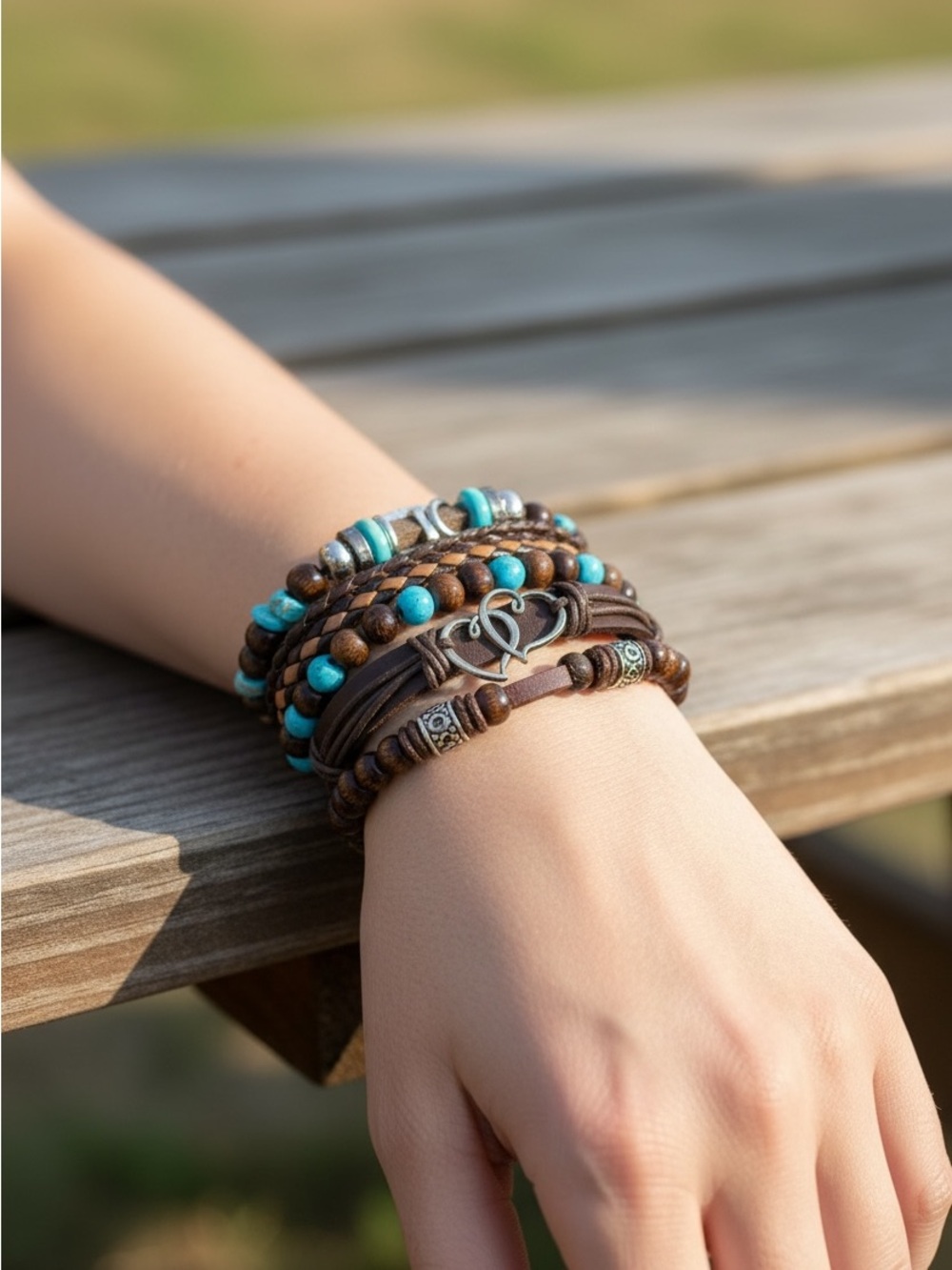 Boho Turquoise & Brown Multi-Strand Leather Wrap Bracelet